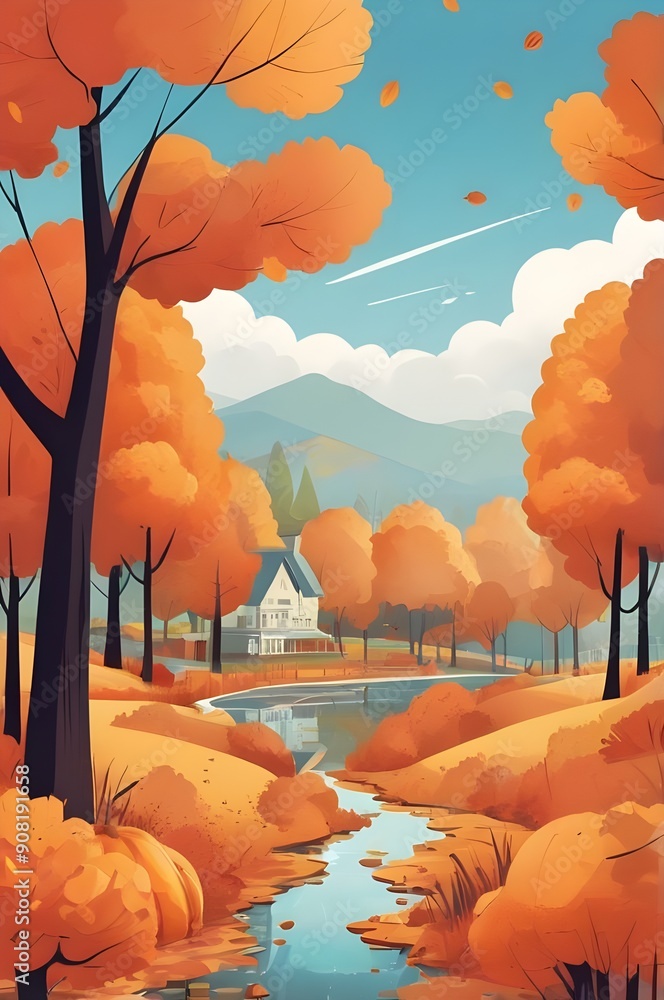 Wall mural A white house sits beside a stream surrounded by Autumn colors