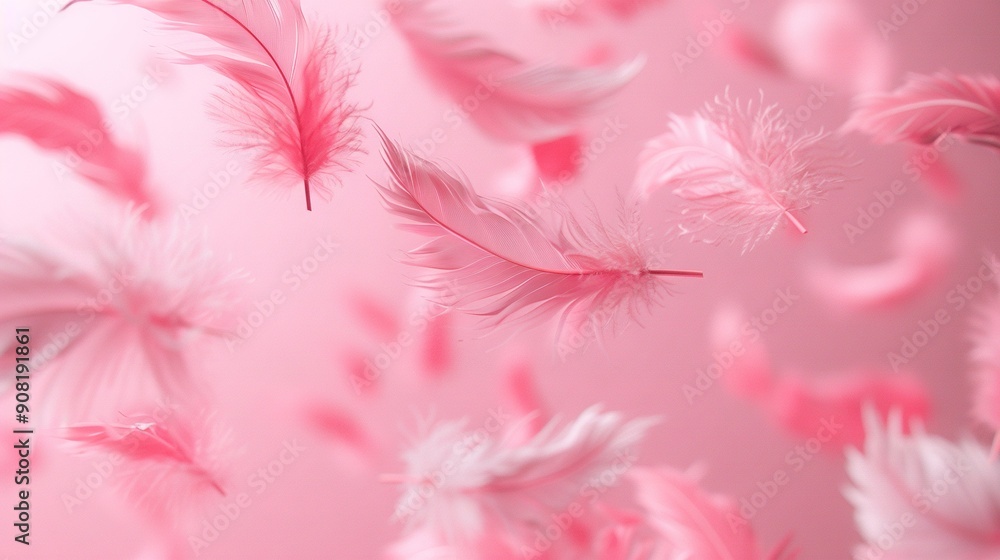Poster pink feathers float on pink backgrounds, with white feathers adding to the scene