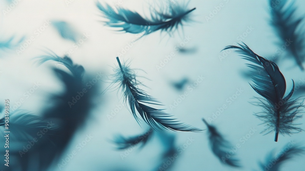 Poster a clear close-up of a cluster of feathers drifting in the air with a slightly blurred backdrop
