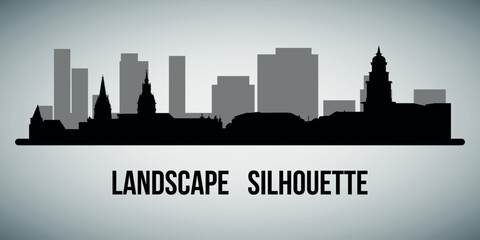 Fototapeta premium Black flat silhouette of cityscape. Vector on a gray background.