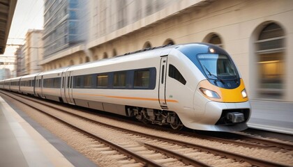 A high-speed train captured with panning technique, the train sharply in focus as it races through a blurred landscape, highlighting the sense of motion and speed.
