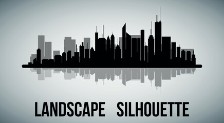 Fototapeta premium Black flat silhouette of cityscape. Vector on a gray background.