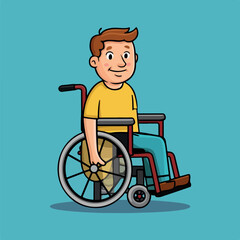 Man in wheelchair with a yellow shirt hand drawn art Vector Icon Illustration