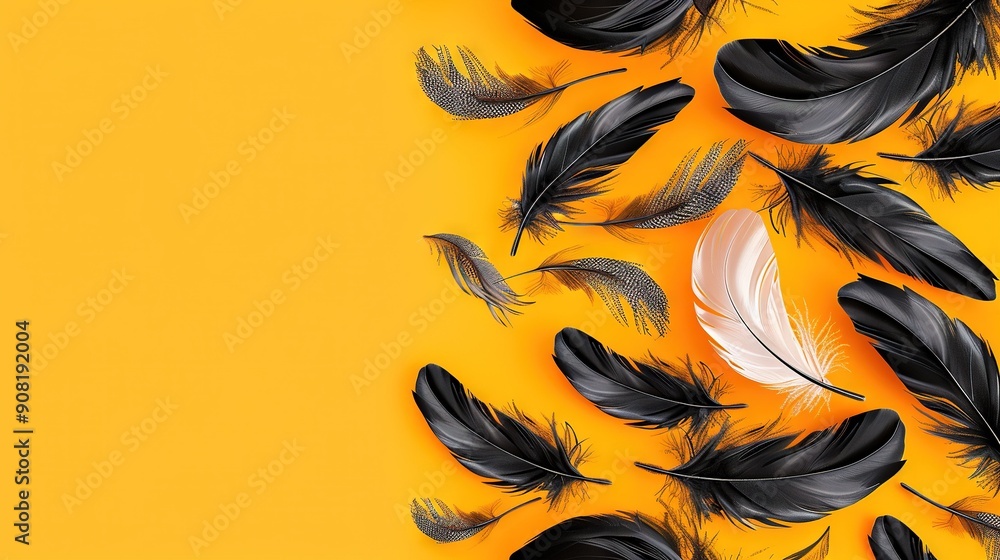 Poster a monochrome cluster of feathers on a golden backdrop, accompanied by a space for text on the left e