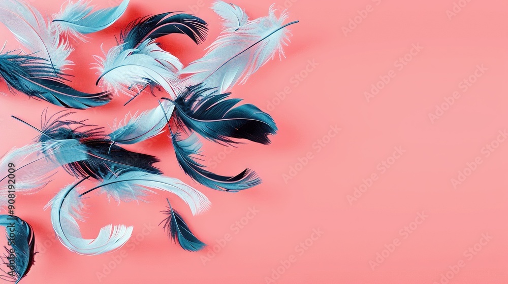 Poster feathers atop each other on a pink backdrop with text space