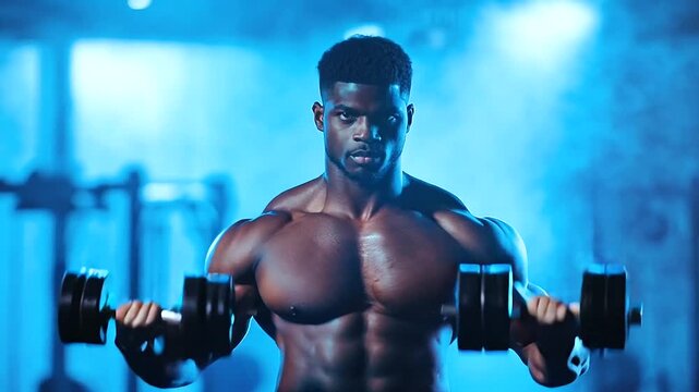 A muscular individual lifting weights in a gym, showcasing strength and definition.