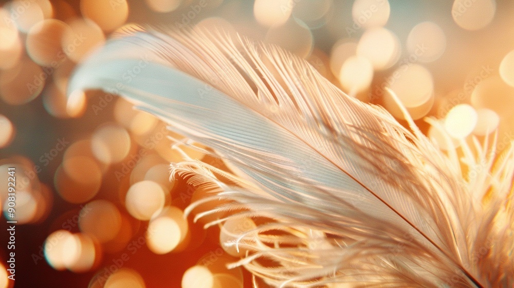 Poster a focused image of a feather against a hazy background and dim background lighting