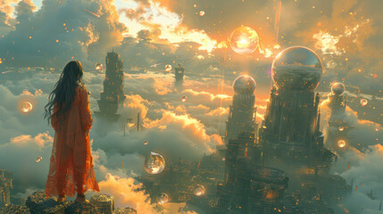 Young Girl with Floating Magic Balls Over Ruined City at Sunset, Digital Art Illustration of Post-Apocalyptic Fantasy World, Enigmatic Atmosphere