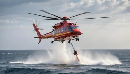 A firefighting helicopter descending towards the sea, its water bucket extended below as it prepares to scoop up water, with the ocean's surface rippling from the downdraft of the rotors.
