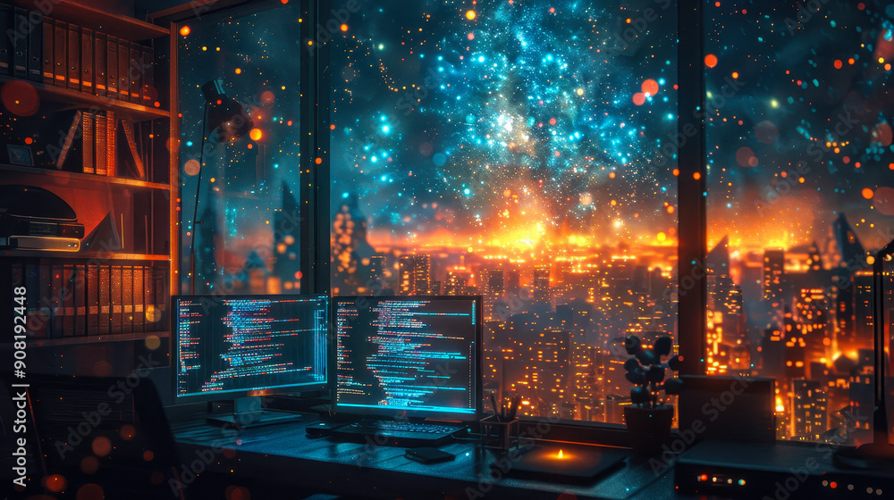 Poster futuristic workspace with coding screens and floating sparkles overlooking vibrant evening cityscape