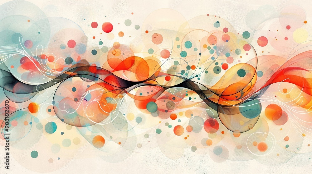 Poster vibrant abstract pattern featuring circles and lines on a white canvas, allowing room for customizat