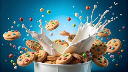 A Symphony of Sweetness: A Colorful Milk Splash and Cookie Cascade  generative AI