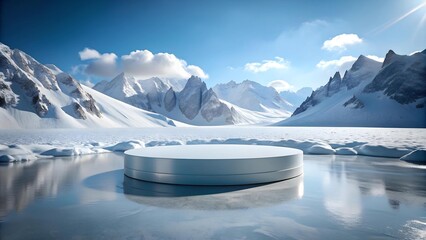 Frozen Circle of Presentation: A Glacial Display Platform Amidst Snow-Capped Peaks  Generative AI