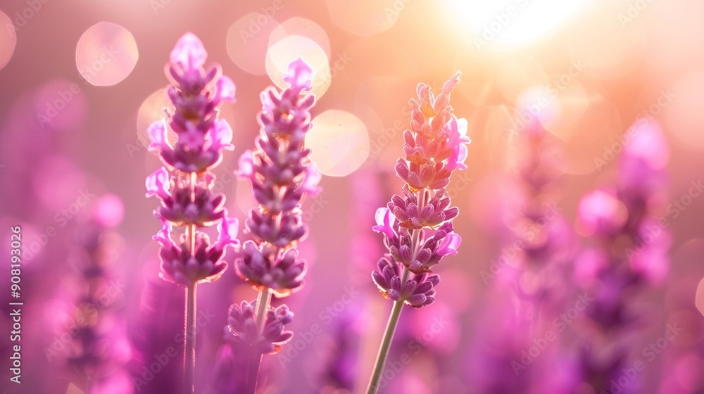 Poster a sharp focus on a cluster of vibrant flowers, surrounded by a hazy backdrop of sunlight filtering t