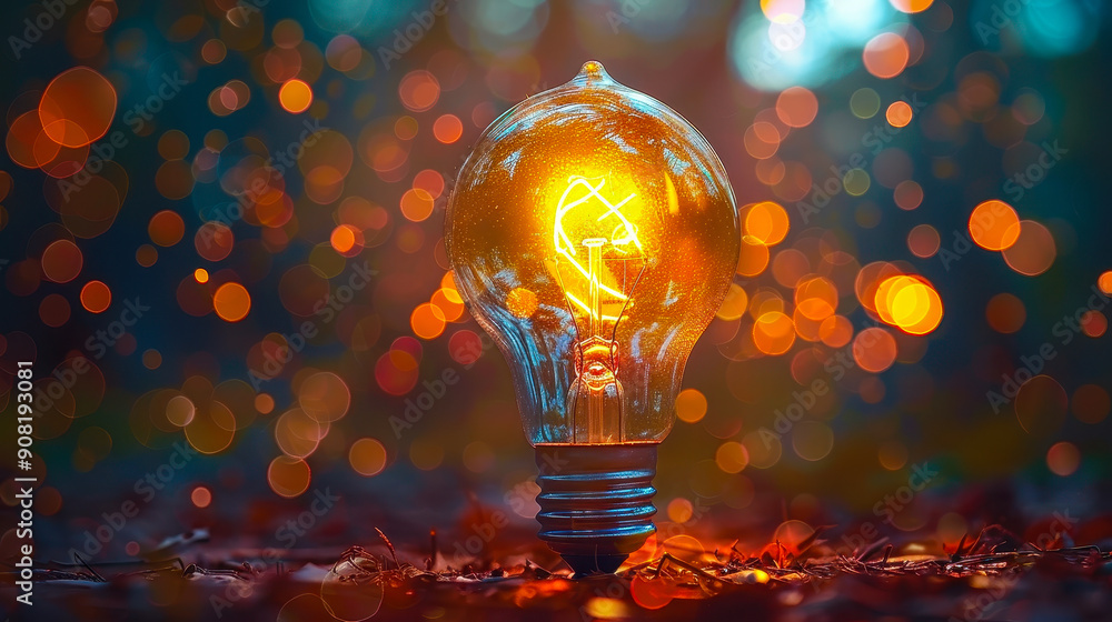 Poster illuminated light bulb in creative bokeh background representing innovative thinking and bright idea