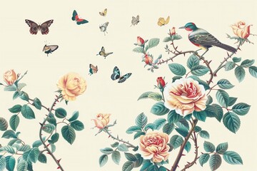 A rose bush on which an exotic bird sits and butterflies fly around. Vector image.