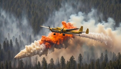 A firefighting plane soaring above a wildfire, unleashing a powerful stream of water onto the smoldering treetops, with the fire and smoke swirling in the wind.
