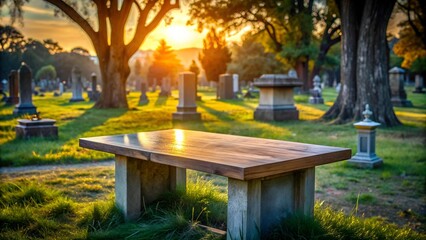 Timeworn Oak Table Against a Twilight Cemetery  generative AI