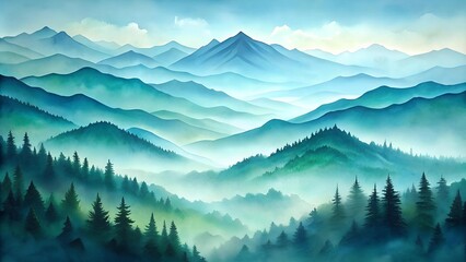 Serene Mountain Mist: A Watercolor Landscape of Tranquility  AI Generated