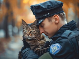 A Policeman Holding a Cat With Dramatic Lighting