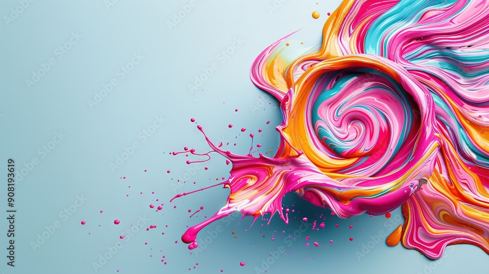 Poster multicolored swirl on blue background with splashes of paint on both sides