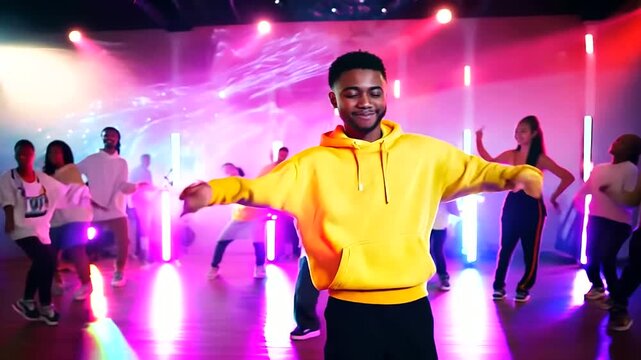A vibrant aerobic dance session in a studio, featuring synchronized participants and a dynamic instructor to upbeat tunes.