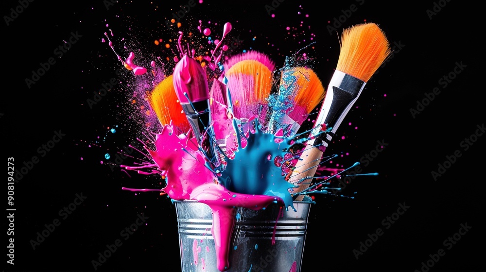 Poster a vibrant palette of paints resides in a cup topped with an array of bristled brushes
