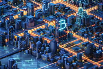 Futuristic Cityscape with Bitcoin Symbol on a Skyscraper