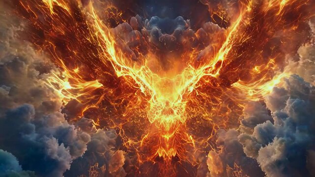 A fiery phoenix emerges from a dramatic sky filled with clouds, symbolizing rebirth and power. The vibrant flames and intense lighting depict a mythical creature taking flight, embodying strength and