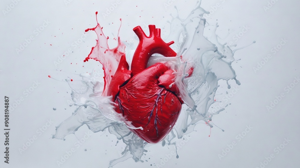 Poster red heart with splashing milk on white background and water splashing around it