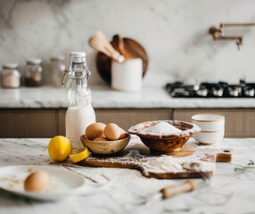 Kitchen countertop with ingredients for baking