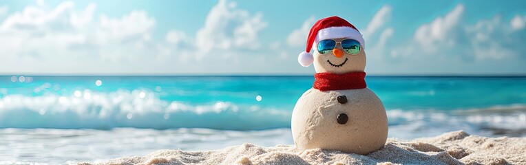 Holiday Snowman Made of Sand on Sunny Beach