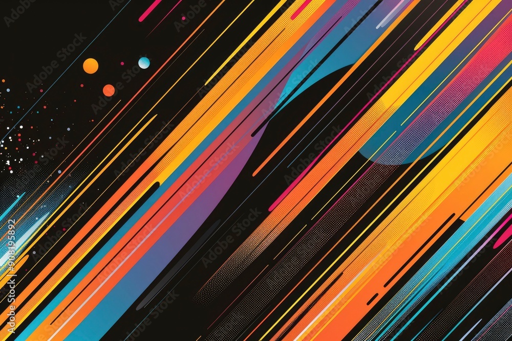 Poster abstract diagonal lines and colored shapes on a black background