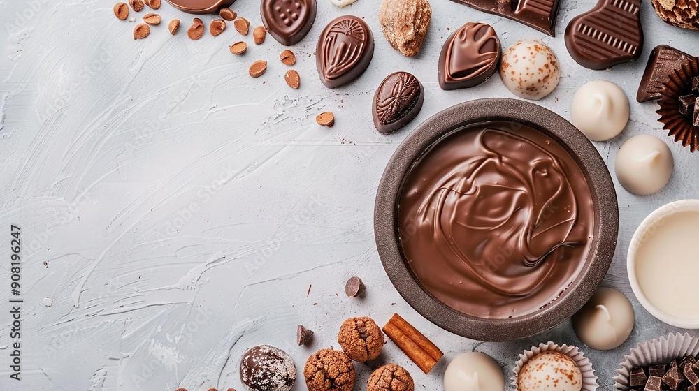 Poster chocolate with nuts - a bowl of chocolate surrounded by various chocolates and nuts against a white 
