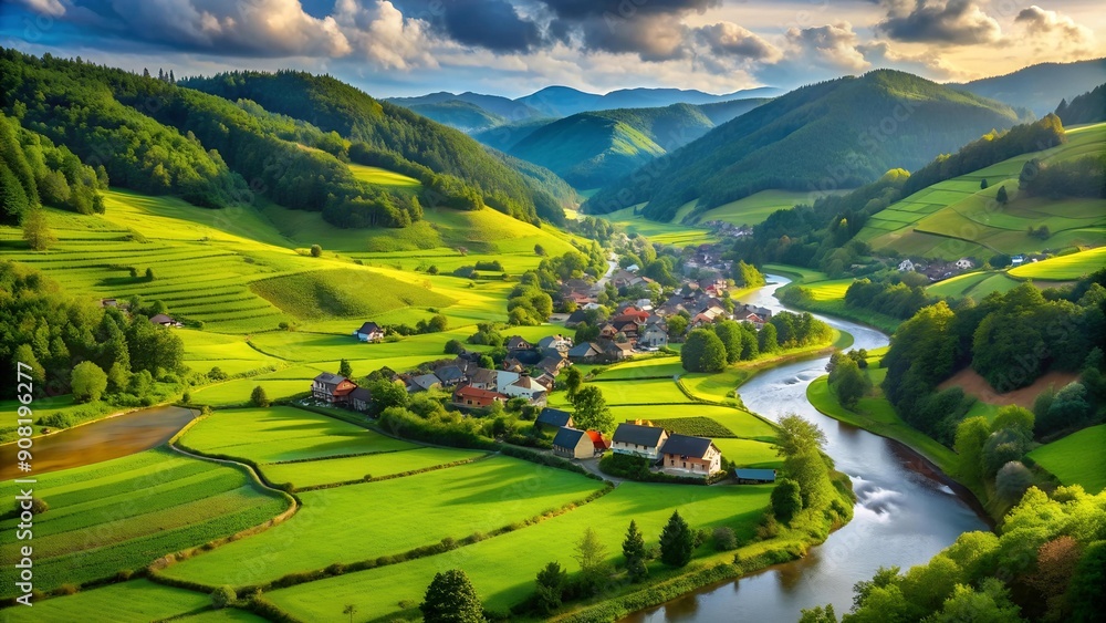 Canvas Prints A Verdant Village Nestled in a Lush Valley  AI generated