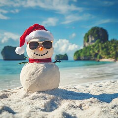 Holiday Snowman Made of Sand on Sunny Beach