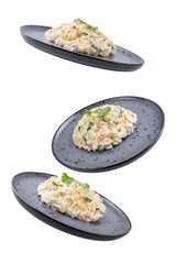 Japanese potato salad in a plate on a white isolated background