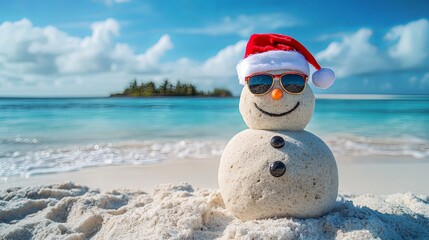 Holiday Snowman Made of Sand on Sunny Beach