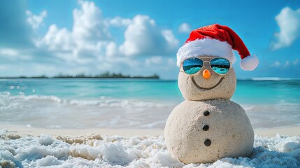 Holiday Snowman Made of Sand on Sunny Beach