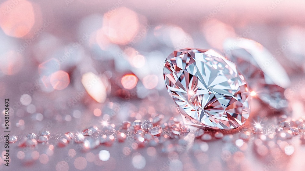 Poster a close-up of a diamond glinting on a sparkling surface surrounded by multiple diamonds, with a blur