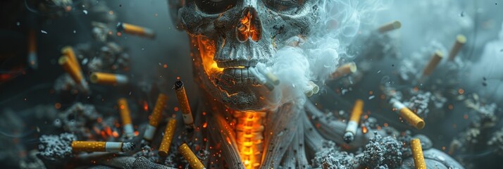 Human lungs, with cigarettes and cigarette scattered around them.