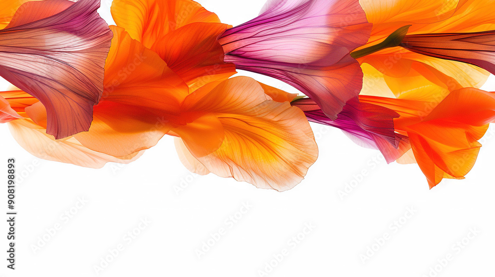 Poster a cluster of diverse blossoms on a white canvas with space for text in the bottom right corner