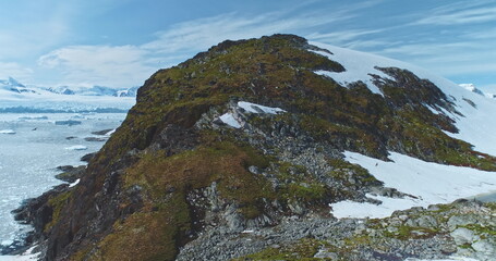 Antarctic mountains green rock hill with sea gulls flying blue sky. Frozen ocean, ice snow covered island in background. Landscape of polar winter nature. Antarctica wildlife travel exploration. © mozgova