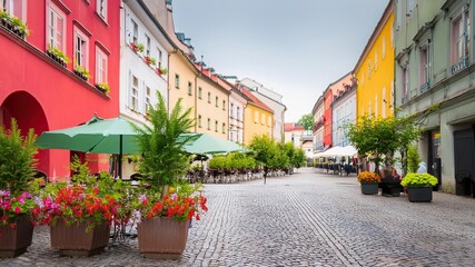 Naklejka premium Charming Outdoor Cafe Seating Surrounded by Vibrant Buildings in Old Euromy City
