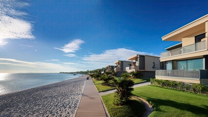 Modern Residential Buildings Line Serene Waterway In A Beach Resort Under Clear Blue Sky