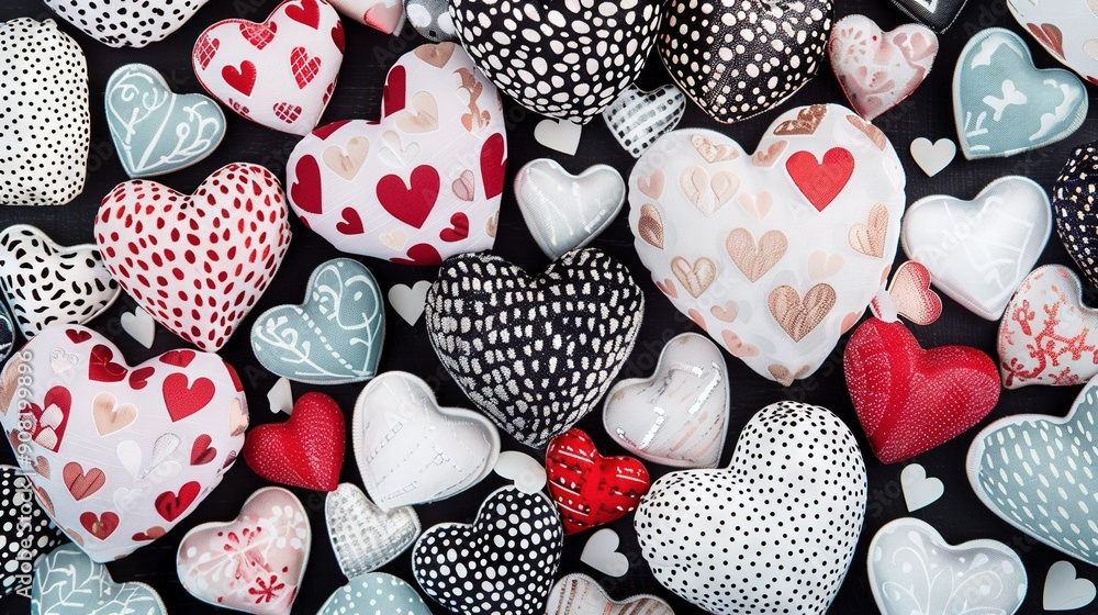 Poster a photo of an array of hearts in diverse hues and forms resting on a black background with white spe