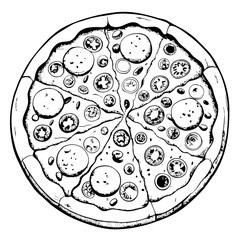 Pizza Illustration, Black and White, Italian Cuisine Concept