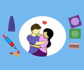 Illustration design of a couple hugging with contraceptive icon