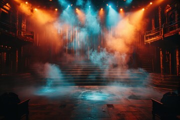 An empty stage with dramatic lighting and smoke, ready for an immersive performance.