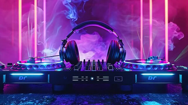 DJ setup with headphones on a pink smoky background
